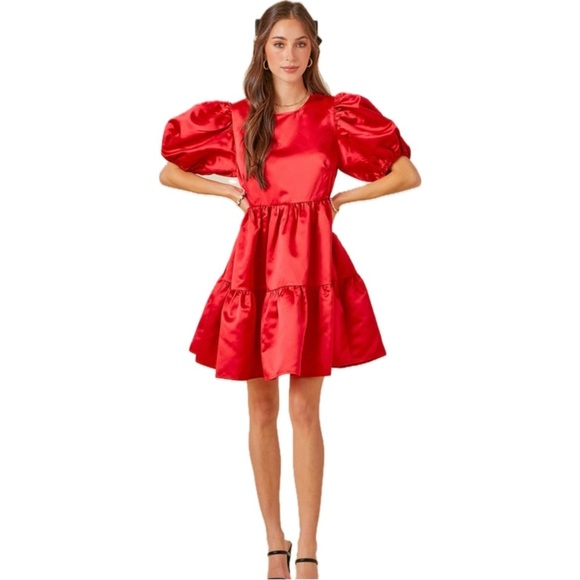 Satin Tiered Puff Sleeve Mini Dress Red - Picture 4 of 6